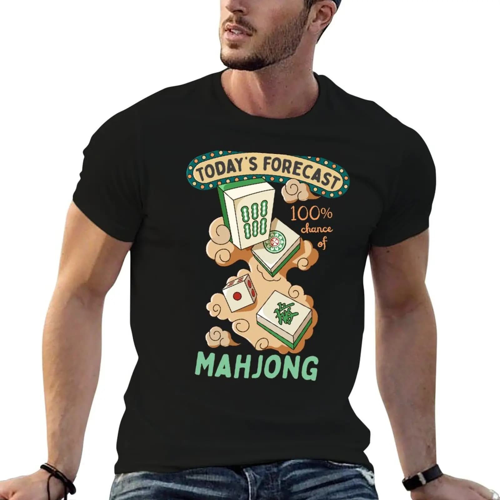 Mahjong Tiles And Clouds Cartoon T-Shirt graphic t shirts for man printed t shirts for man anime tshirt T-shirt