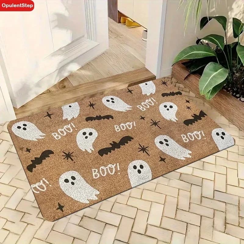 VIKAMA Retro Halloween White Ghost Black Bat Coir Doormat Spooky Holiday Outdoor Entryway Decor Mat Home Decor