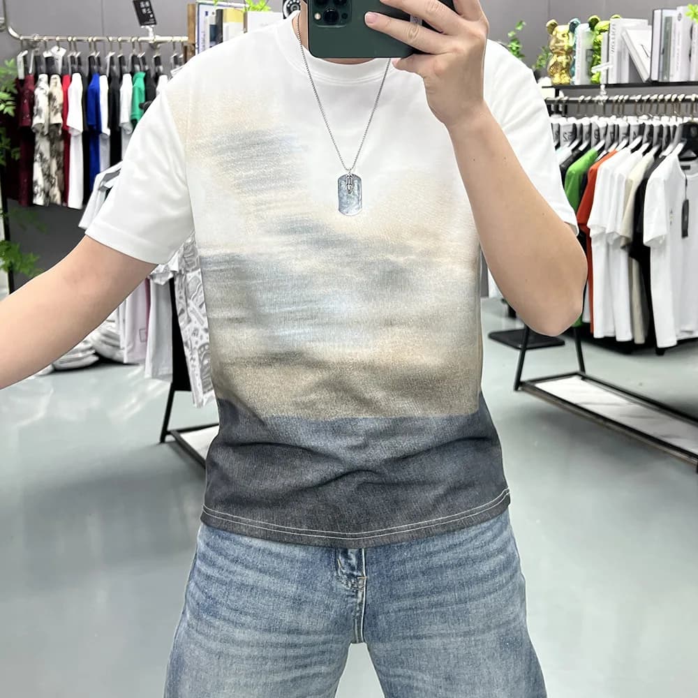 Summer New Casual Tie Dye Short Sleeve round Neck Hoodie Men's T-Shirt Half Sleeve Trendy Top Quality Cool Handsome Basic Fit