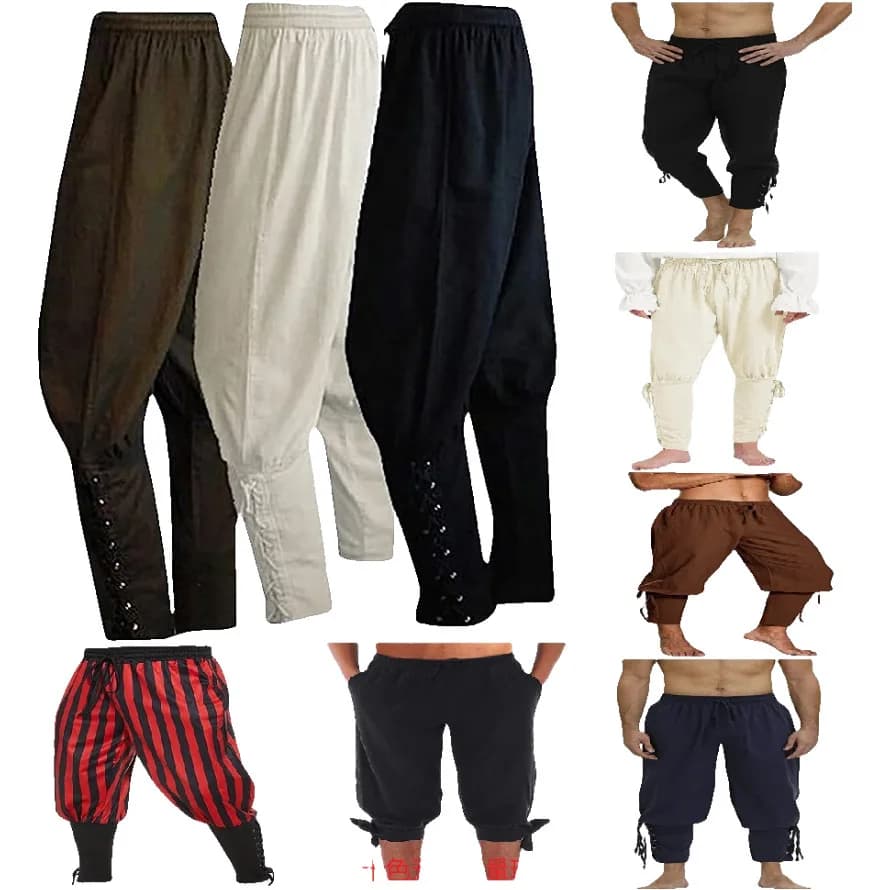 Men's Long Trousers in Cotton and Linen with Cable Belt, Medieval Style Viking Pirate, Fitted Leggings, Casual Gamba Pants Straight
