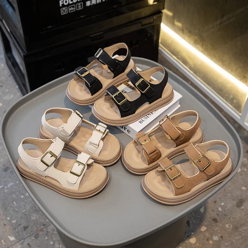 Children Retro Slippers with Buckle Kids Summer Beach Shoes Open-toe Classic Solid Color Boys Girls Casual Sandals 2025 New