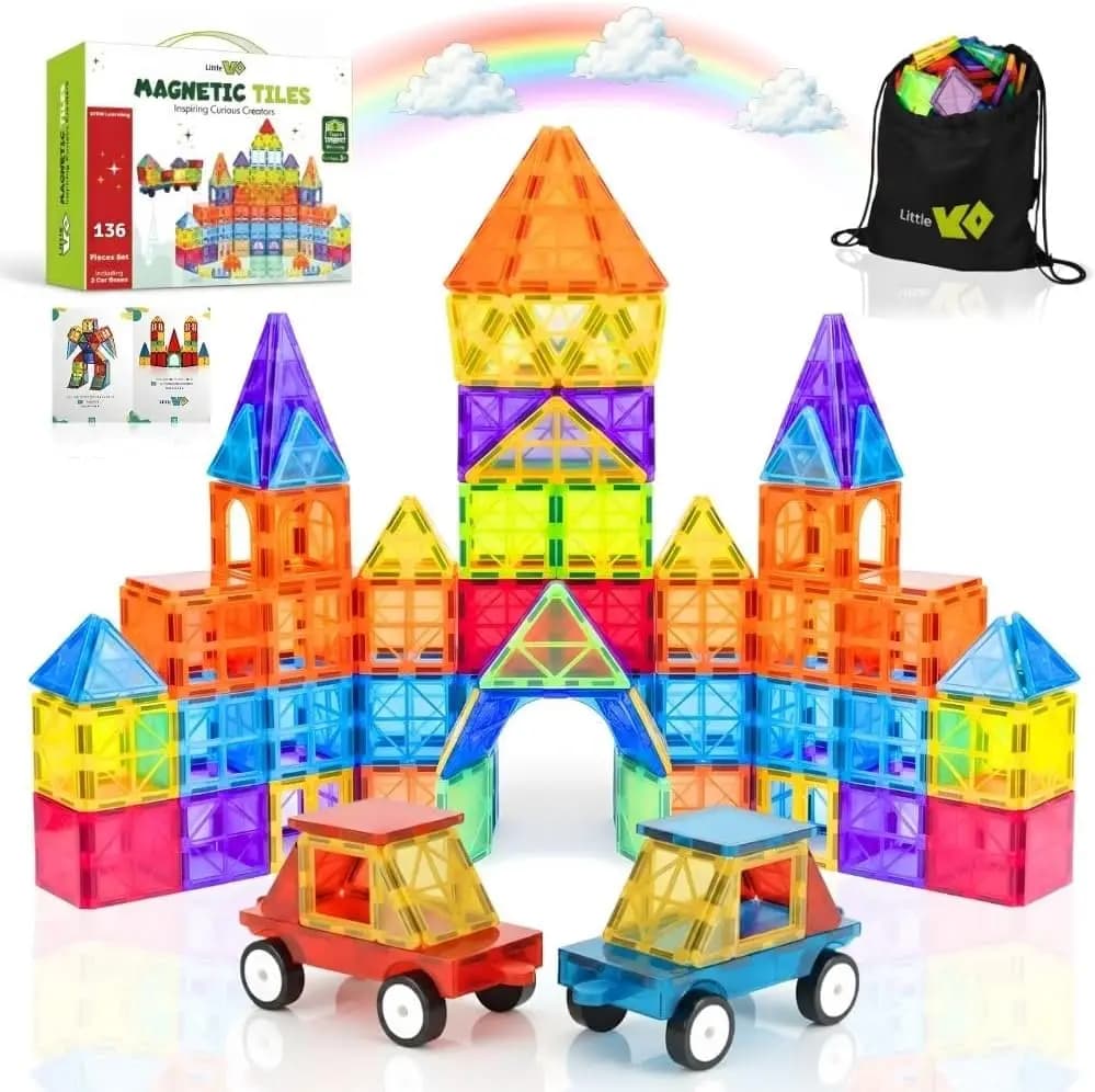 Set di 136 Piastrelle Magnetiche con Basi per Auto, Giocattoli Educativi STEM per Bambini da 3 a 12 Anni, Gioco Creativo