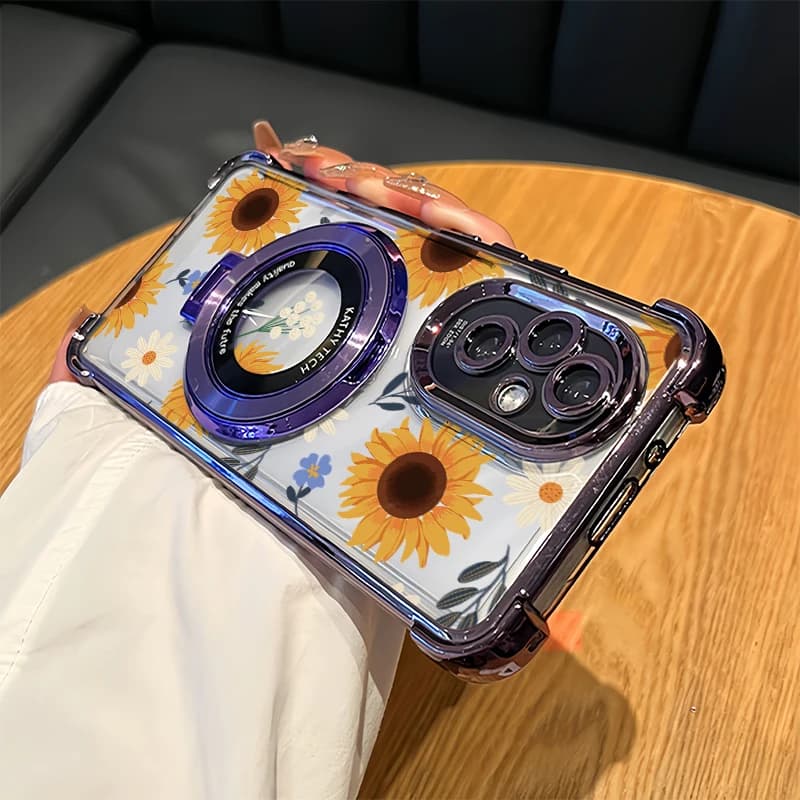 Cover per Telefono con Placcatura per OPPO A60 A57 A55 A54 4G A54S A77 A77S A76 A74 A73 A72 A58 5G Antiurto con Supporto e Motivo Girasole