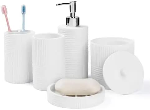 Set di accessori moderni per il bagno bianchi – Set da 5 pezzi in resina per lavabo con dispenser, portaspazzolino e altro ancora