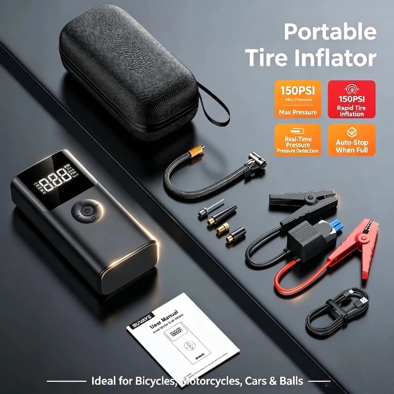 4-in-1 2500A Portable Car Jump Starter 12V with 150PSI Air Pump Power Bank Emergency Auto Battery Booster Powerbank