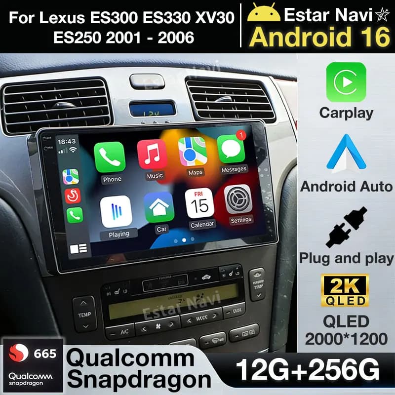 Autoradio Multimediale Android 16 con Carplay GPS Stereo 2Din 5G WIFI per Lexus ES300 ES330 XV30 ES250 2001 - 2006