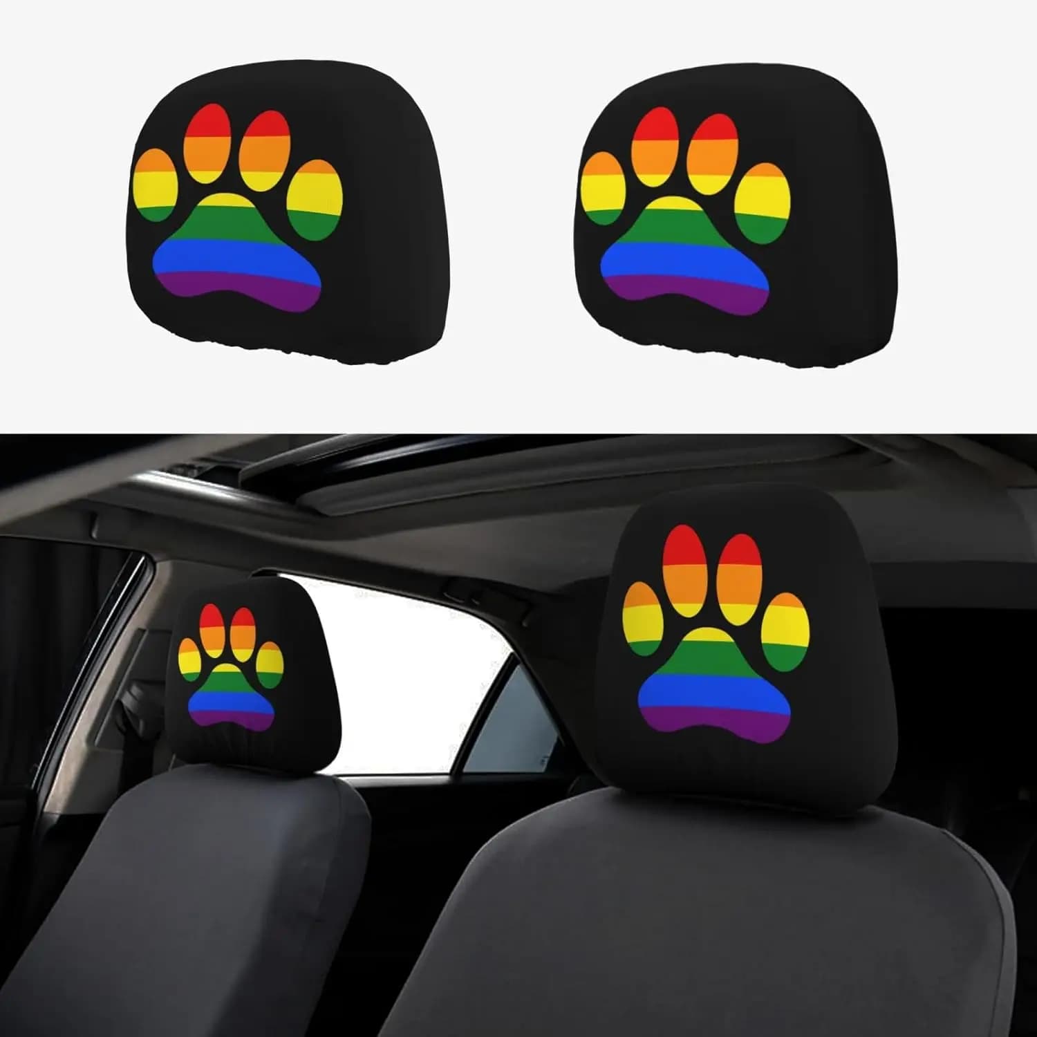 Car Seat Covers with Zampa of Cane Arcobaleno Pride Gay, Set of 2 Pieces, Accessories Car, Bearing Head