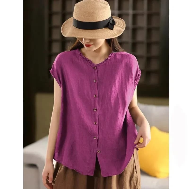 Women Linen Sleeveless Blouse Ruffled Neck Button-Down Loose Casual Summer Top
