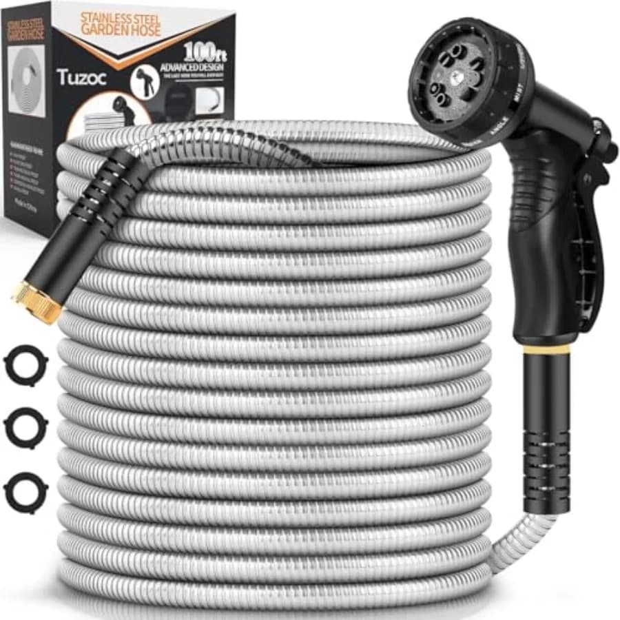 Garden Hose Metal 100FT, Stainless Steel Heavy Duty Water Hose With 10 Function Nozzle, No-Kink, Tough and Flexible, Sturdy and