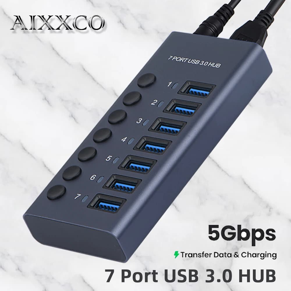 AIXXCO USB3.0 Hub Interruttore diviso splitter industriale a 7 porte in alluminio con adattatore di alimentazione 12V per caricabatterie PD MacBook