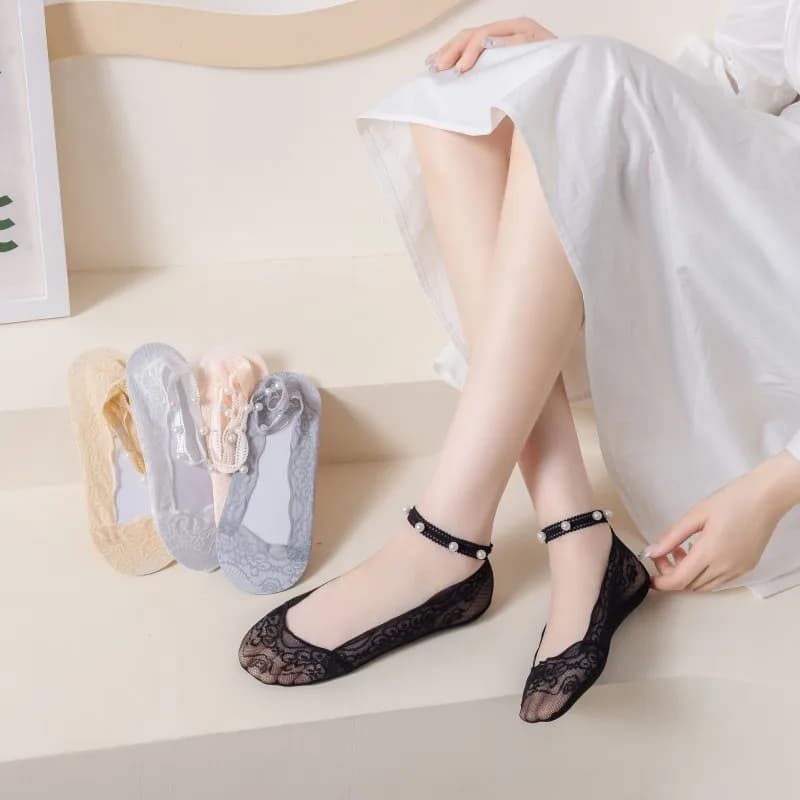 Calzini Invisibili da Donna con Perle e Pizzo, Calzini Traspiranti in Rete per Scarpe Basse Estive, Mezze Calze per Uso Quotidiano