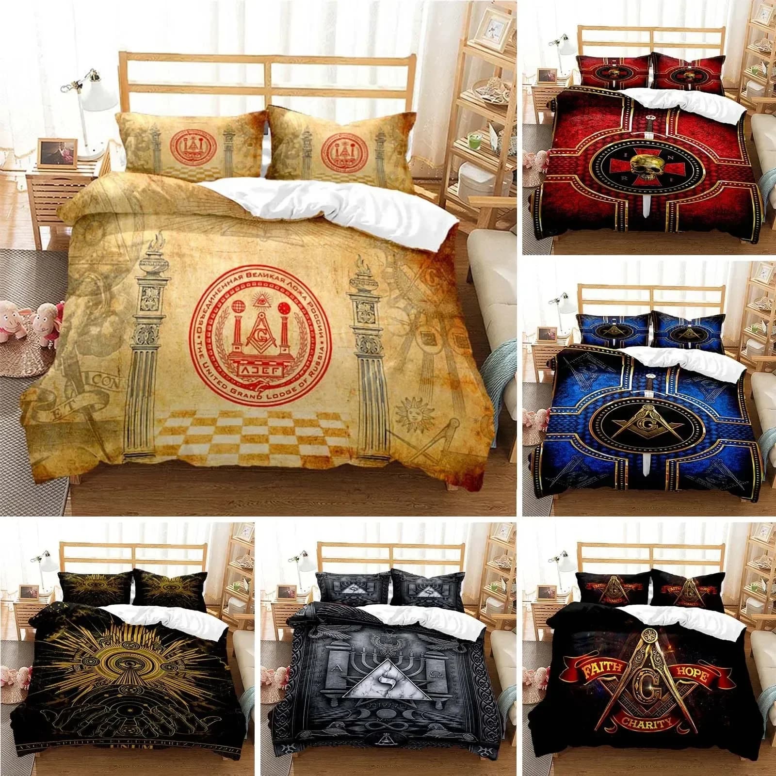 Set di biancheria da letto Illuminati massonici stampati in 3D, copripiumino matrimoniale, singolo, completo, queen, king, per adulti e bambini, copripiumino