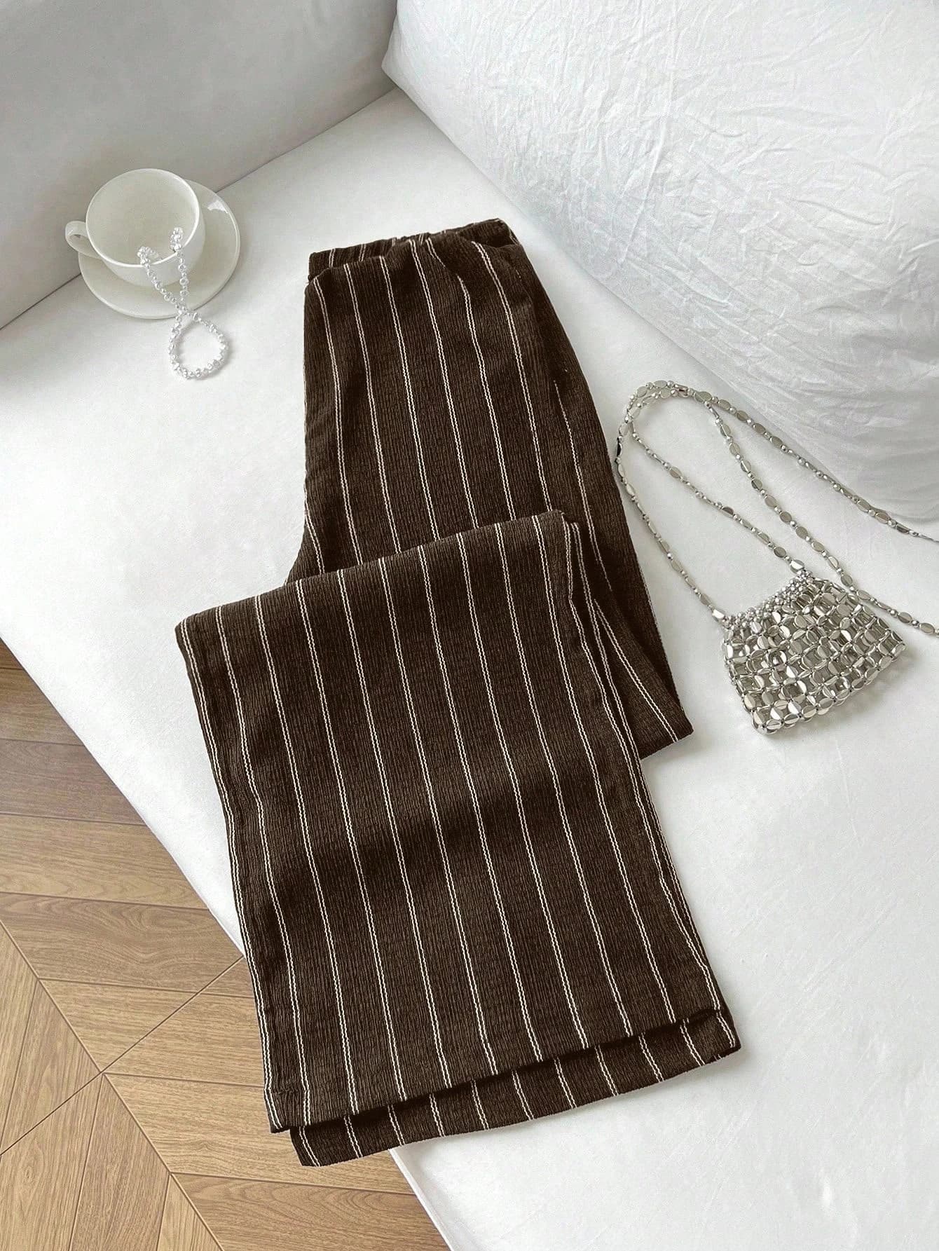 Pantaloni da donna a gamba larga a righe a vita alta, tessuto antirughe, design elegante a strisce verticali, casual per pendolari in ufficio