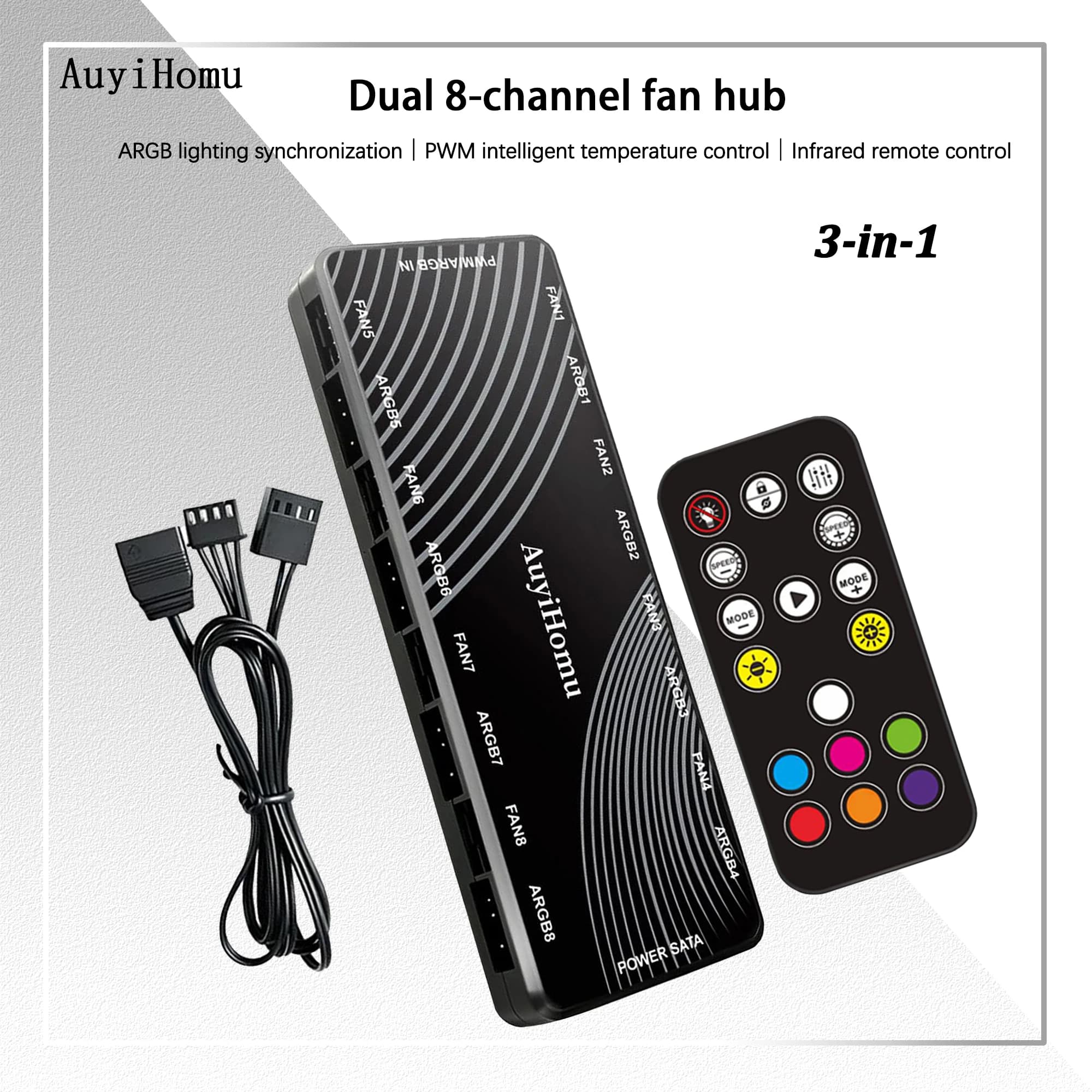 Hub ARGB Double 8 Door Fans, Standard Version/Telecomando, 5V 3Pin/12V 4Pin, PWM Speed Control, SATA Power Supply - No Battery
