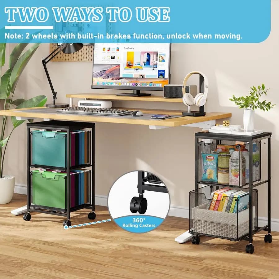 Carrello Portadocumenti con 2 Cassetti, Armadietto Portadocumenti con Ruote, Organizzatore per Cartelle Sospese, Contenitore Sotto Scrivania, Supporto Stampante Multiuso