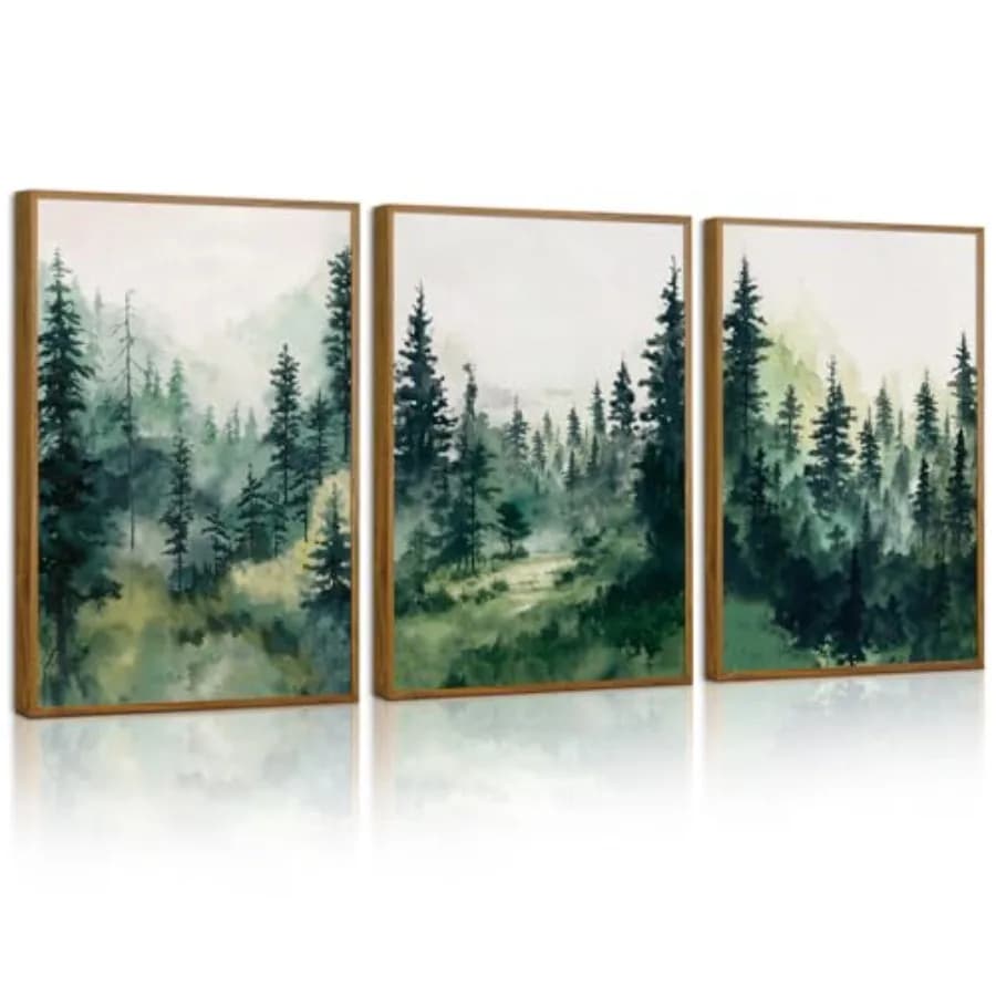Watercolor Forest Framed Canvas Wall Art Set for bedroom living room farmhouse office, cotton canvas material, soft green and g