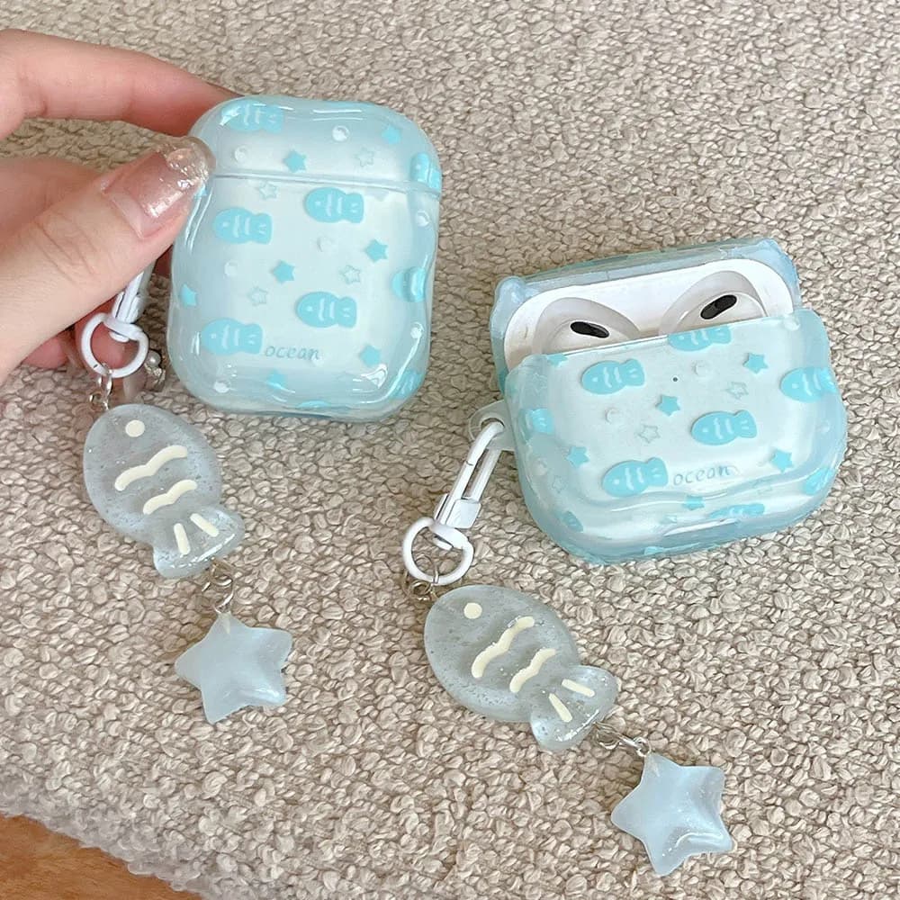 AirPods 4 2 3 Pro 2 Headphones Blue Fish Star Fresh Headset with Keychain for AirPod 4 Pro2 Headphone Bags Accessories