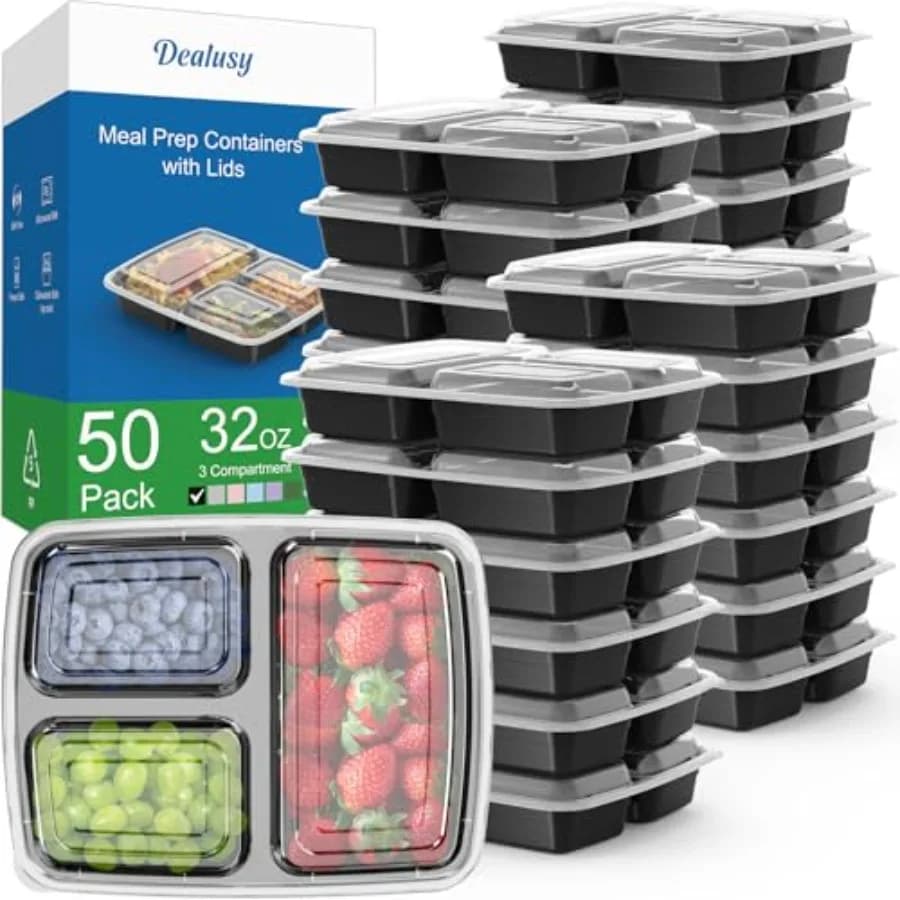 Confezione da 50 contenitori da 32 oz per la preparazione dei pasti, riutilizzabili con coperchi a 3 scomparti, contenitori in plastica per alimenti da asporto.