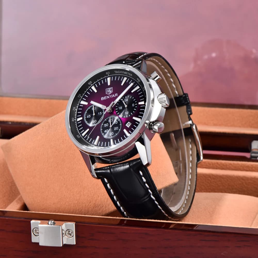2025 BENYAR Top Brand Luxury Watches Mens Chronograph Quartz Watch Men's Sports Military Waterproof Leather Business Reloj Hombre