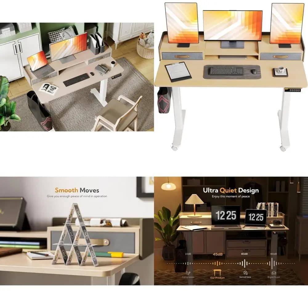 High-adjustable sit-stand electric desk with storage shelf and cutter, 48 Natural
