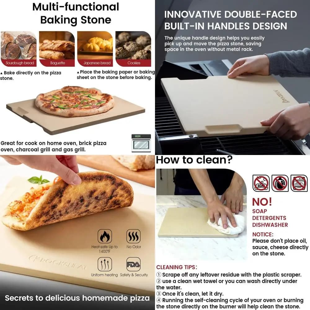 Pietra per pizza rettangolare 20x13,5 per forno e grill, perfetta per cuocere teglie e pane con 4 manici incorporati
