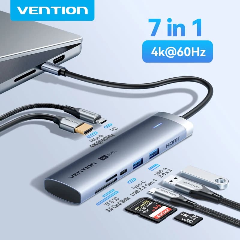 Vention USB C HUB 7 in 1 Adattatore HDMI 4K60Hz USB 3.0 SD e TF PD 100W HUB Splitter per MacBook iPad Sumsang Docking Station per laptop