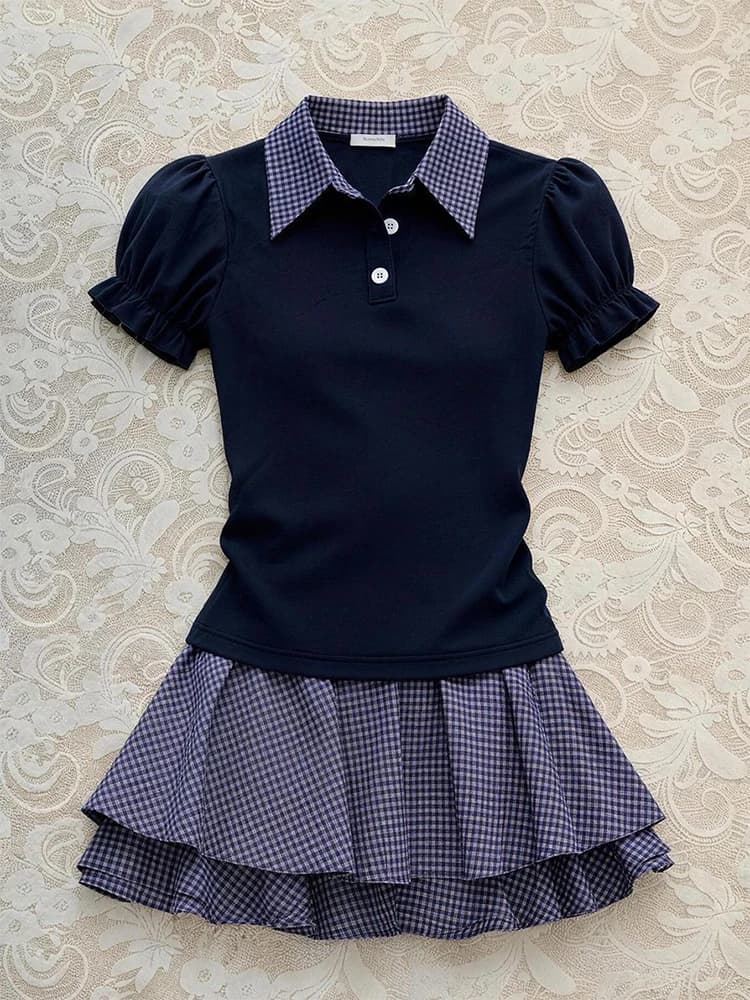 Nuovo Set Estivo Due Pezzi: Gonna a Quadri e T-Shirt da Donna, Stile College, Maniche a Bolla, Vita Alta, Manica Corta, Patchwork