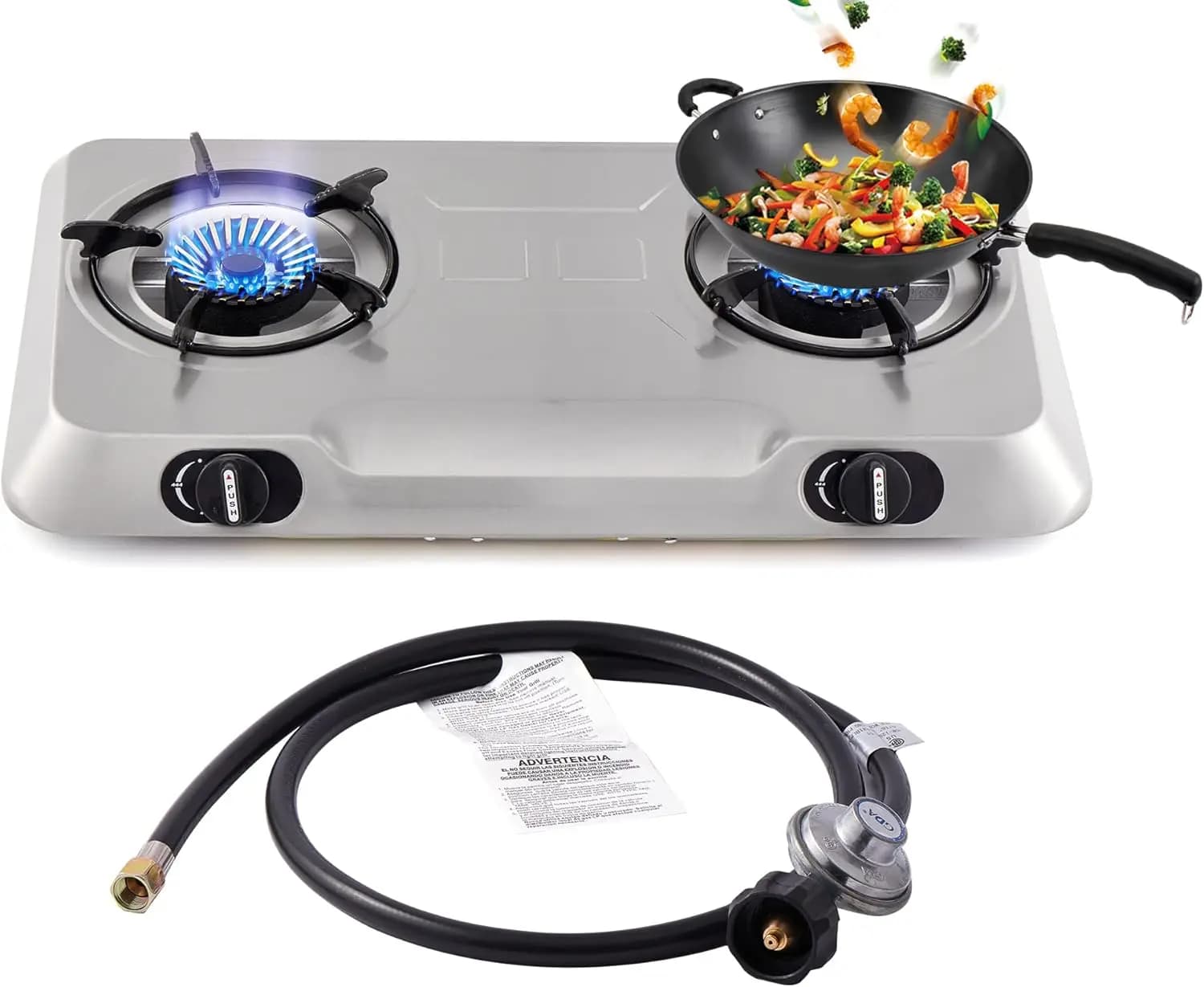 2-ring propane stove, stainless steel portable, automatic ignition for camping, camper, outdoor