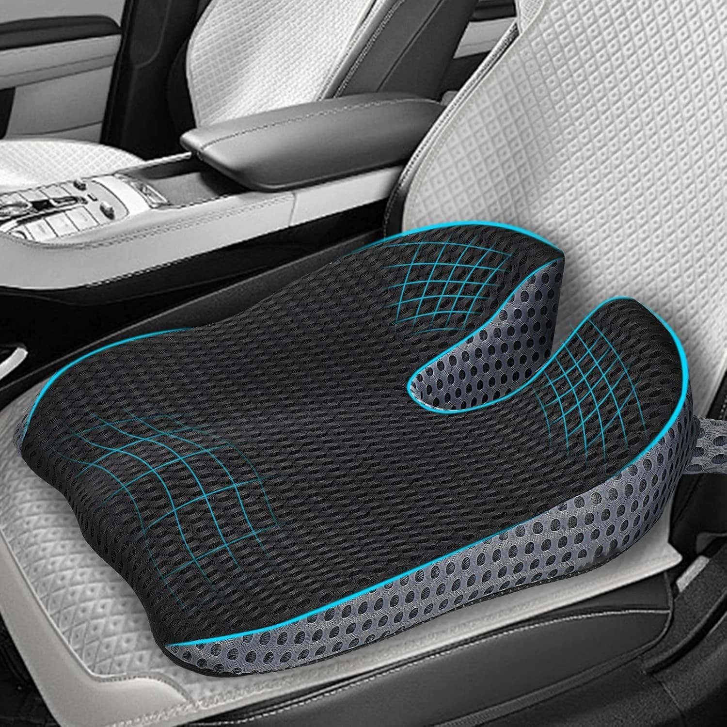 Cuscino per sedile a cuneo per auto in memory foam per la guida, rinforzo dell'altezza e supporto posturale, cuscino per sedile in rete 4D con cinghie regolabili