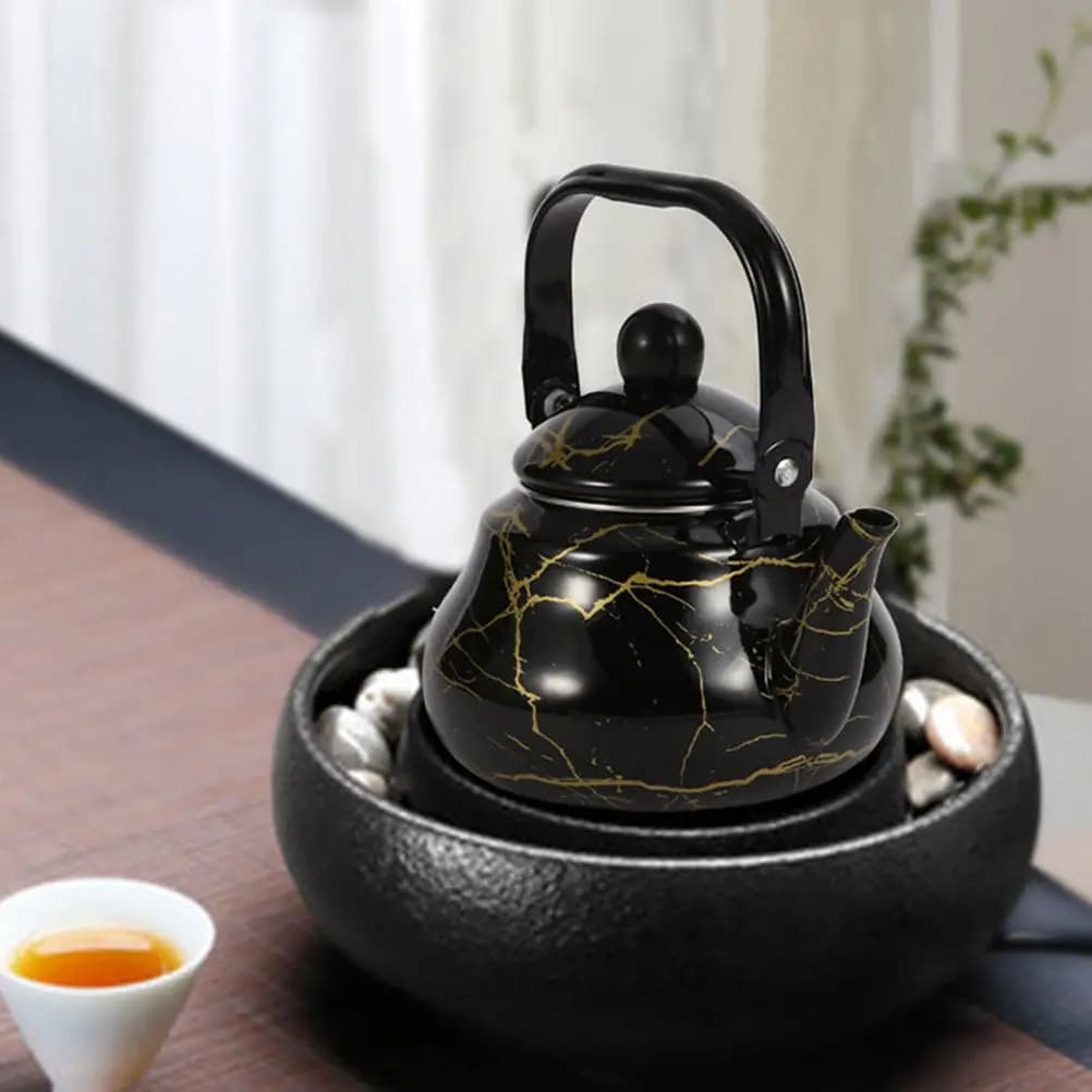 Enamel water kettle with marbled pattern, suitable for induction, electrical and gas stoves, for fast boiling, daily use, kitchen items and bar.