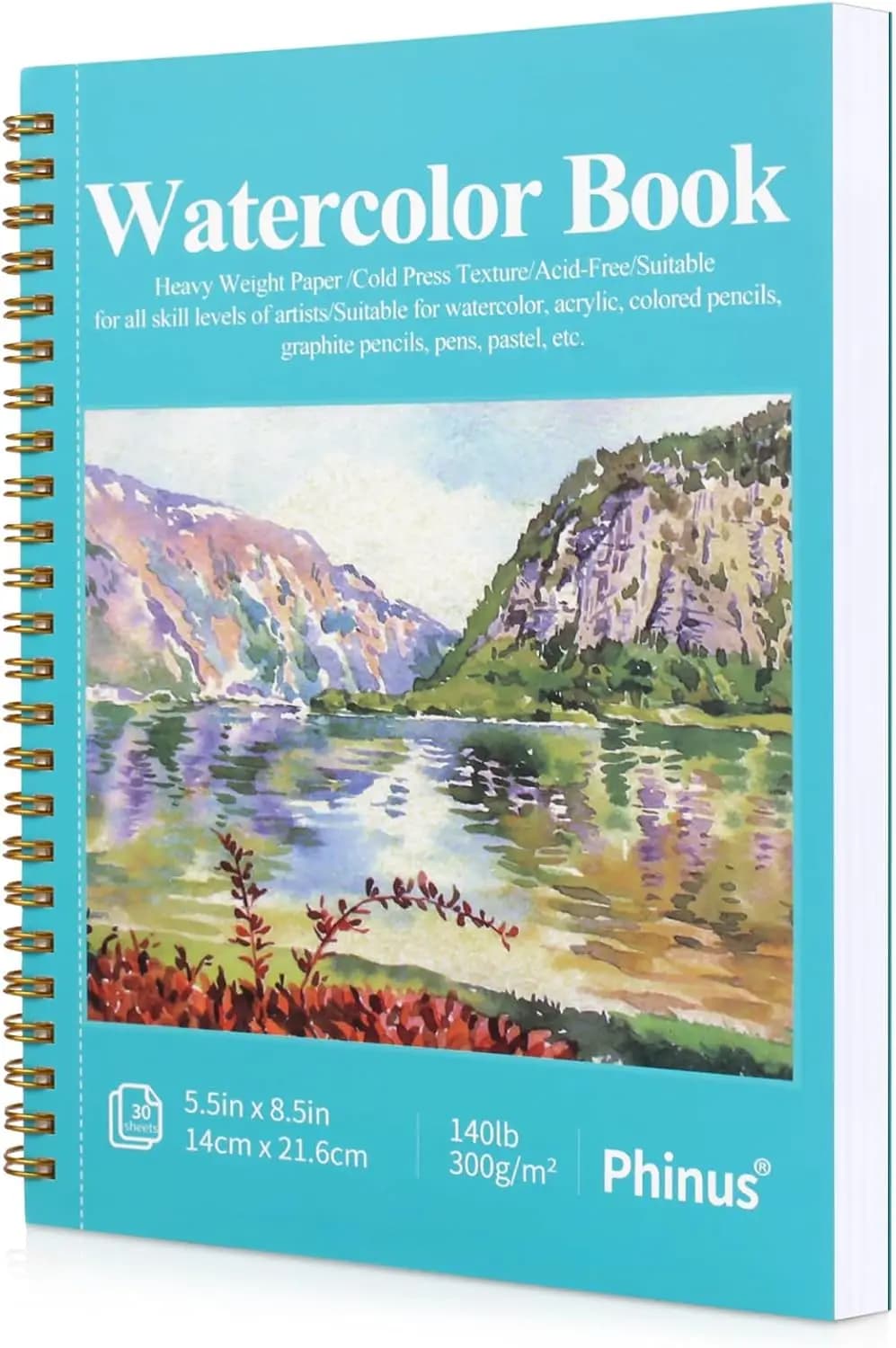 30 Sheets Watercolor Sketchbook 5.5x8.5 Inch, Cold Press 300gsm, Spiral Bound Pad for Adults Kids
