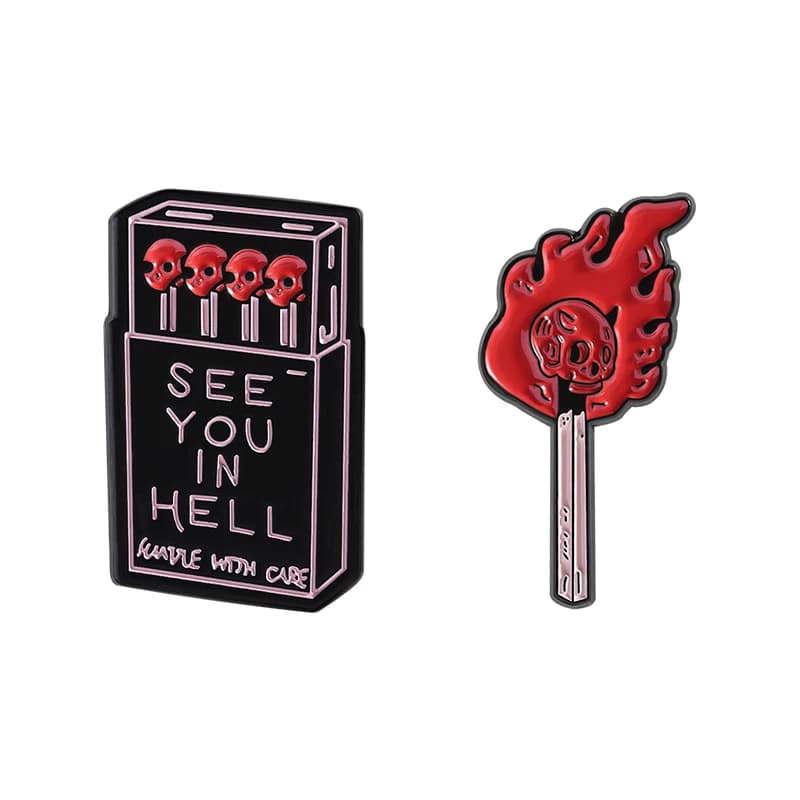 Scheletro horror abbina spille smaltate personalizzate See You In Hell Scatola di fiammiferi Spille in metallo Distintivo da bavero Regali di gioielli di Halloween