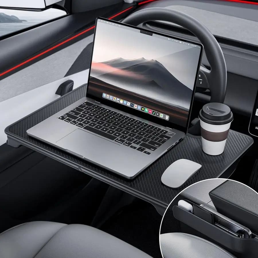 Tavolino 2 in 1 per Volante Auto e Organizzatore per Sedile Auto, Pieghevole, Effetto Fibra di Carbonio, per Laptop, Cibo, Lavoro