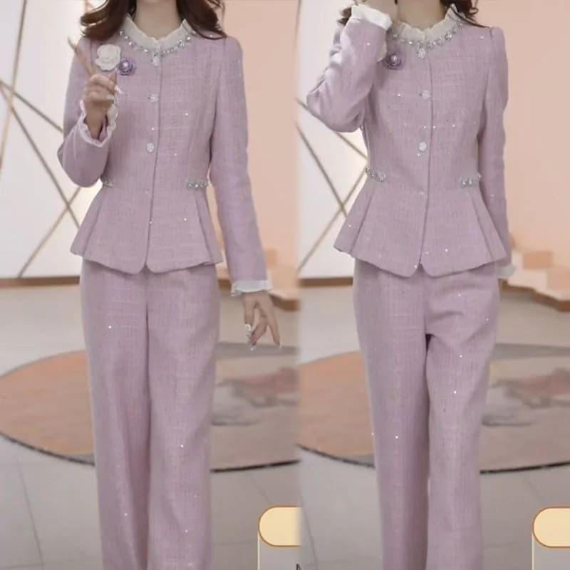 Nuovo abito da donna di lusso di fascia alta Giacca elegante a maniche lunghe + Pantaloni a gamba larga a vita alta Piccolo set profumato in due pezzi