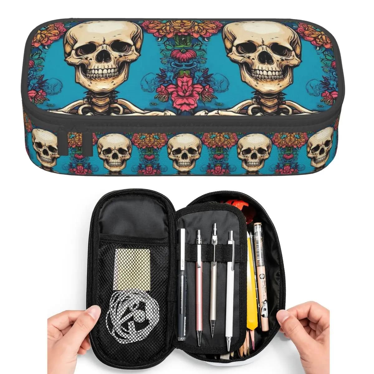 Astuccio per matite con scheletro circondato da fiori colorati, per studenti, portapenne, borsa per matite, astuccio grande con scomparti, porta penne