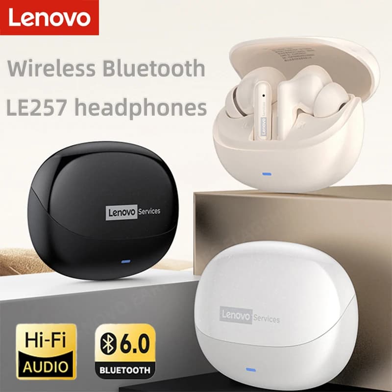 Cuffie Lenovo LE257 TWS Wireless Bluetooth 6.0 Auricolari HiFi con Riduzione del Rumore ENC per Chiamate, Gaming e Sport con Microfono