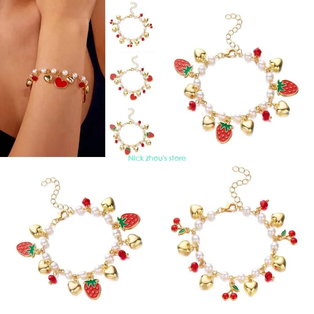 E15E Bracciale con ciondolo d'amore regolabile con decorazione perline cuore e ciliegie fragole 3D per abbigliamento da