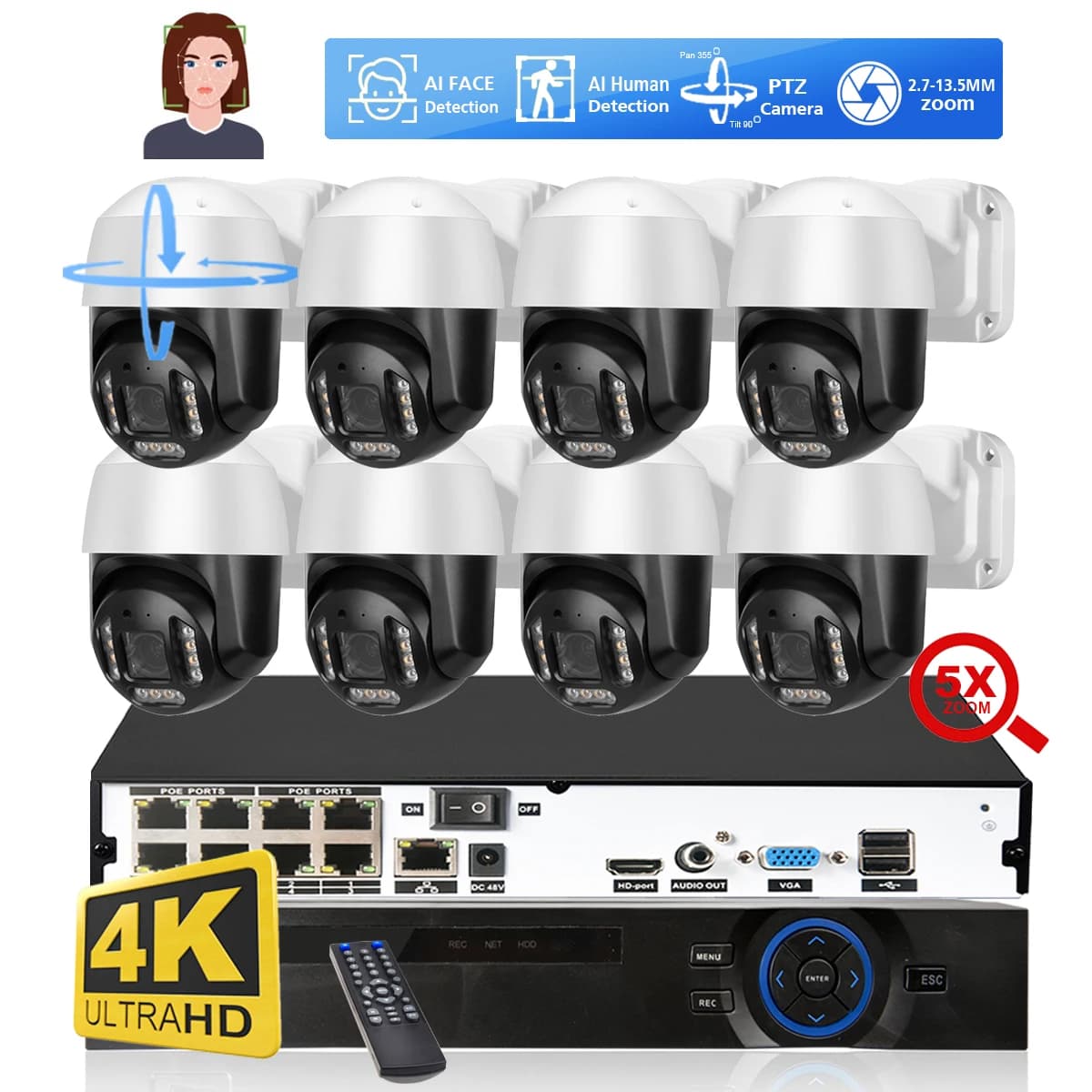 8CH HD 4K PTZ Dome 5X Zoom Optical Security Camera System 8MP Ai Face Detect Color Night IP Camera POE Video Security Set