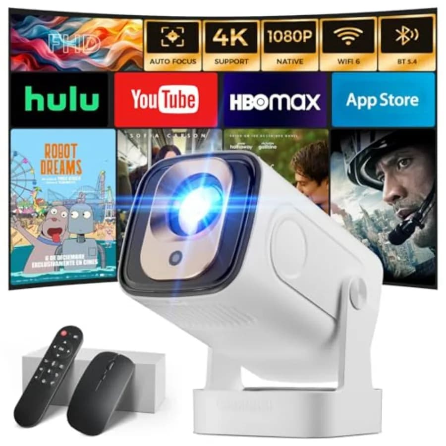 Mini Proiettore Portatile con Autofocus e Risoluzione Nativa 1080P, App Integrate, Supporto 4K, Correzione Automatica dell'Immagine, WiFi 6, Bluetooth