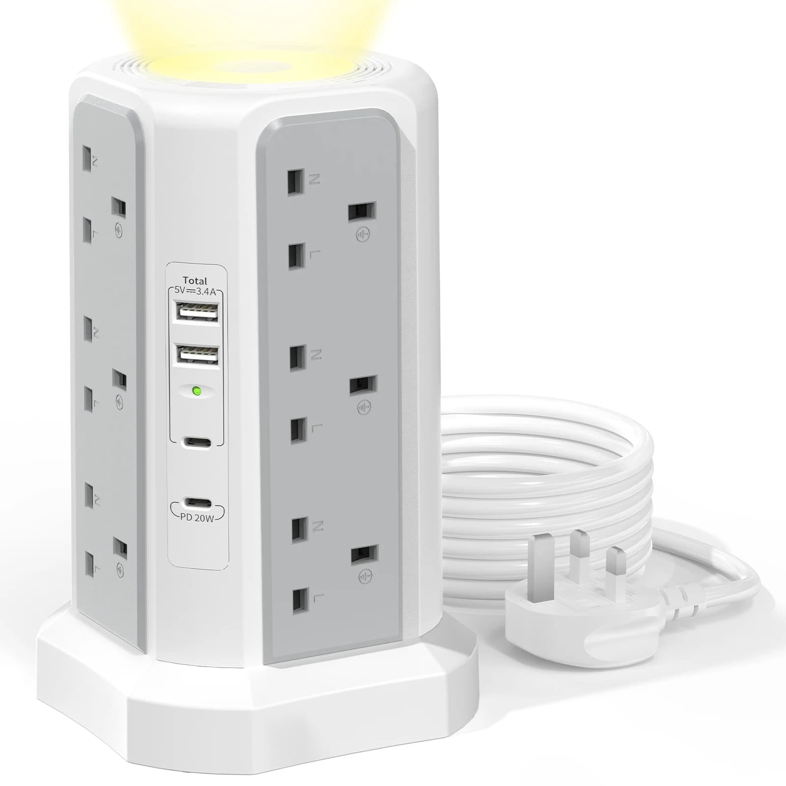 Cavo di espansione a torre con caricatore rapido USB C da 20W, torre di espansione con spina a 12 vie con luce notturna, cavo di prolunga da 3250W con 2M