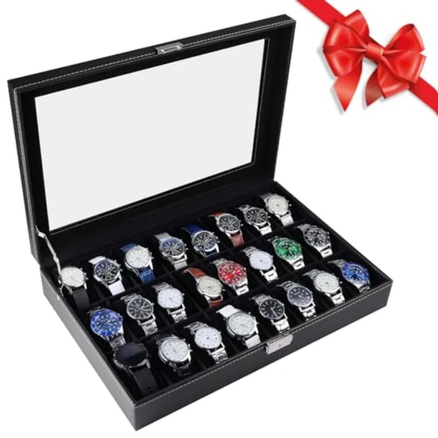 Men's Watch Box 24 Parts, Watches Display With Glass Cover, PU Leather Organizer for Jewelry Collection
