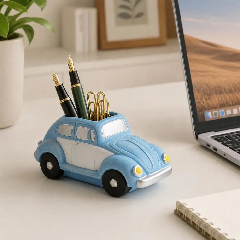 Retro Beetle Car Succulents Planter, Large Capacity Auto Shaped Plant Pot with Aged Glaze Blue White Finish, Creative Desk Decor