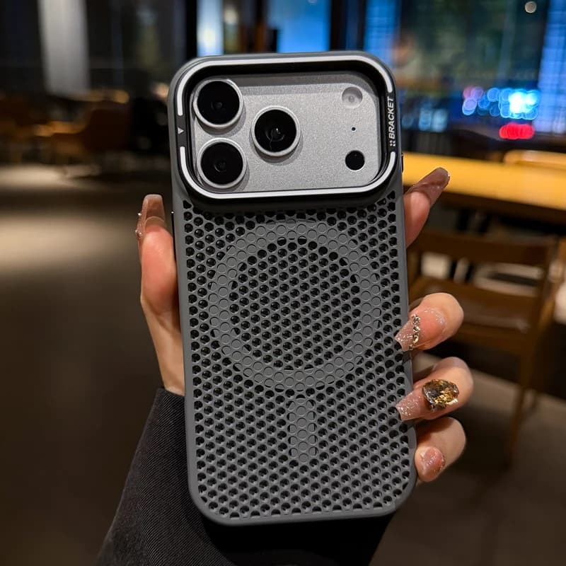 Metal Lens Bracket Magnetic Phone Case For iPhone 17Pro Max 17 16 15 14 13 12 Honeycomb Grid Mesh Cooling Wireless Charge Cover