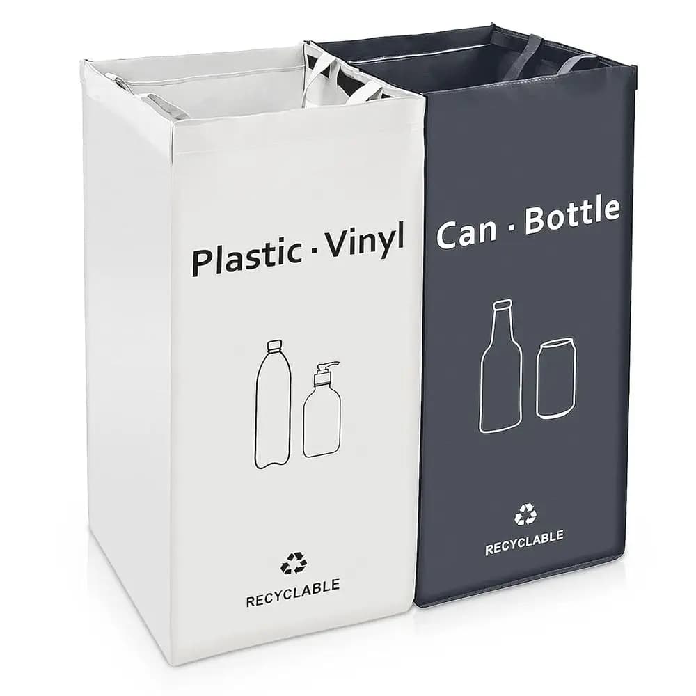 Indoor Trash Bin with Dual Compartments for Waste Sorting, Durable and Washable, Affordable 2-Pack Recycling Bags