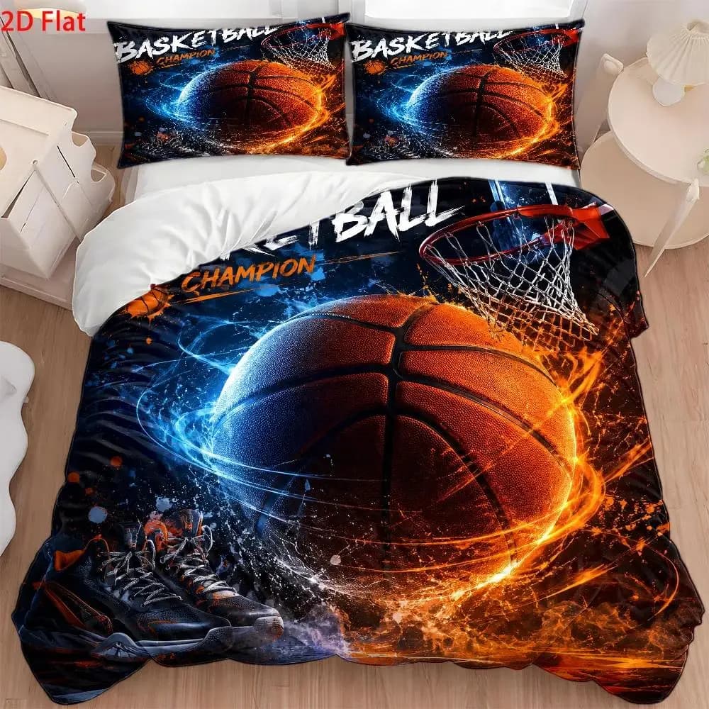 3Pc Basketball-Themed Printed Duvet Cover Set, Three-Piece Bedding Set (1*Duvet Cover + 2*Pillowcases), Light Luxury Style Double Bedding, All-Season Skin-Friendly Breathable Quilted Duvet Cover, Modern Minimalist Bedroom Decor, Duvet Cover Set, Zippered Closure, Easy to Clean, Durable, Machine Washable, Wrinkle-Resistant Polyester Fabric Woven Bedding Set, Suitable for Large Duvet Covers in Home, Dormitory, Master Bedroom, Guest Room, Nordic Style Bedding Set for Student Dormitories