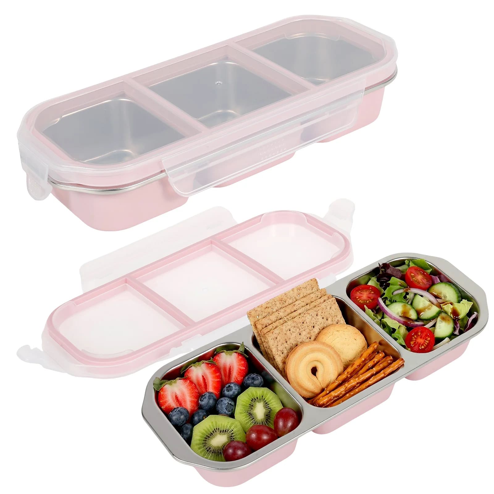 2Pcs Snack Container 2/3 Grids Stainless Steel Lunch Box with Lid Stackable Food Storage Container Leak-proof Snack Box for Work