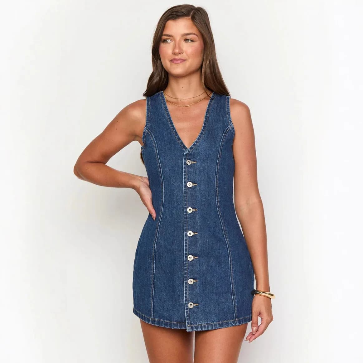 Mini Denim Dress Western Vintage Style for Women, Sleeveless, V Neckline, Bottoni, Laccio Posteriore, Casual Estivo Streetwear