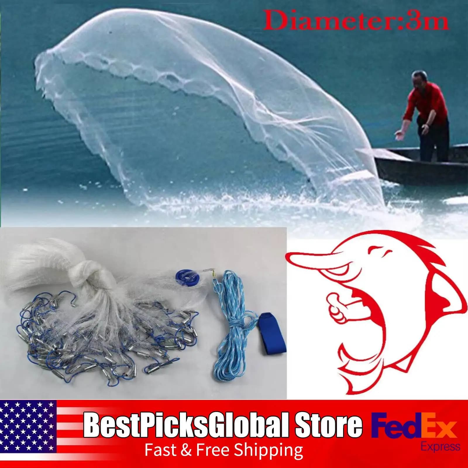 Rete da Pesca a Lancio 10ft, Preassemblata con Piombi in Acciaio per Rapido Affondamento, Design Anti-Groviglio, per Pesca con Esche