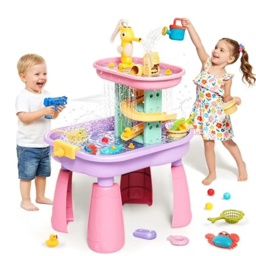 Tavolo acquatico da esterno per bambini per il gioco sensoriale con sabbia e acqua, in plastica senza BPA, blu e giallo, include 28 accessori.