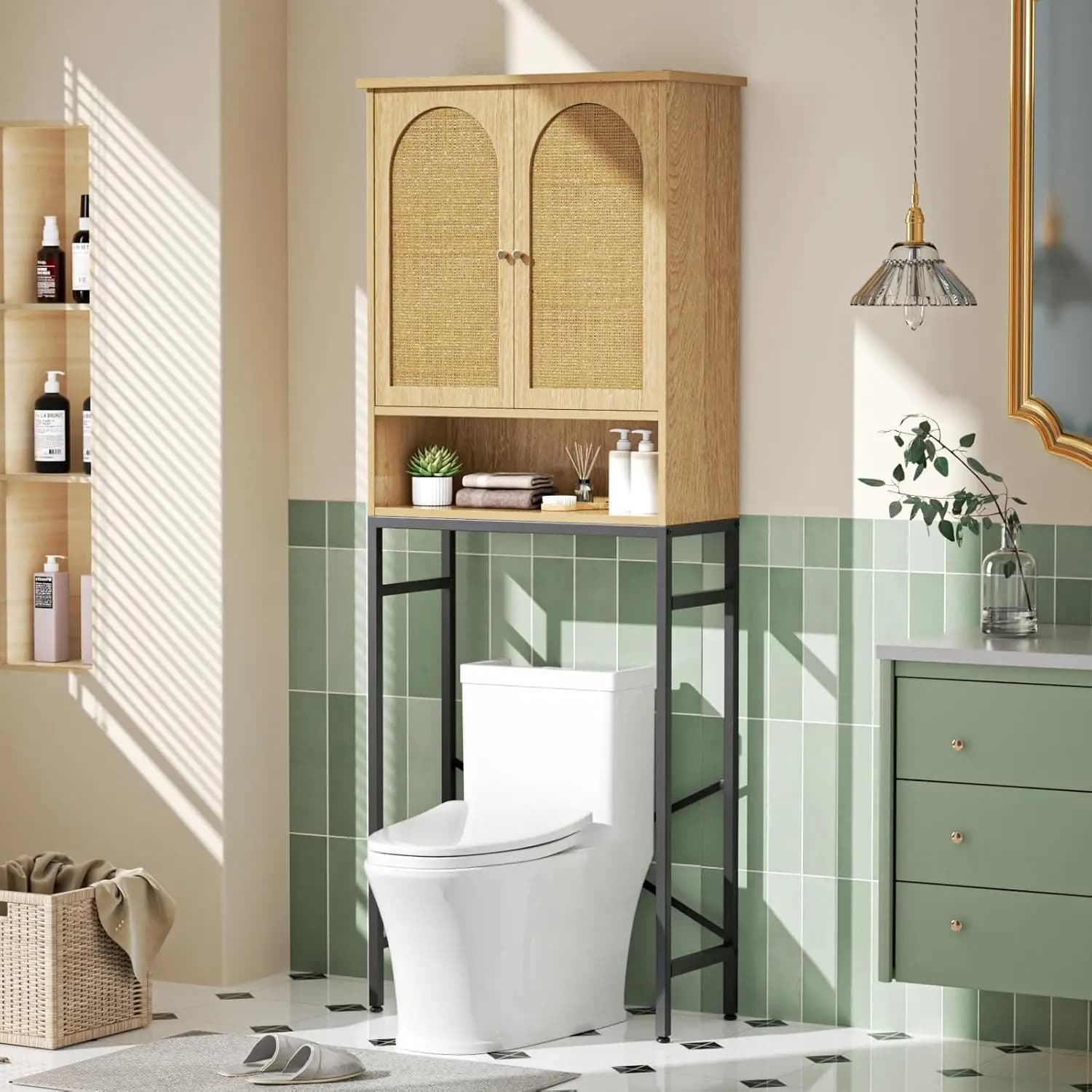 Mobiletto per WC in rattan naturale con ripiano regolabile, salvaspazio per organizer da bagno, contenitore indipendente in legno